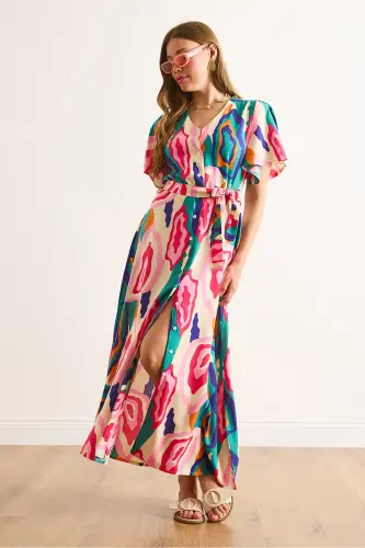 Women's Pink Blue Buttoned Belted Maxi Viscose Shirt Dress ELB-19002382-Pink Blue - OLALOOK (1)