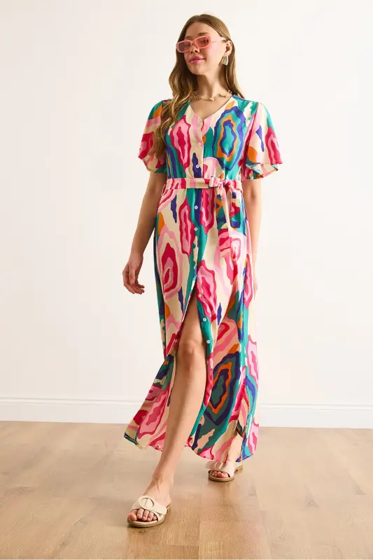 Women's Pink Blue Buttoned Belted Maxi Viscose Shirt Dress ELB-19002382-Pink Blue - 3