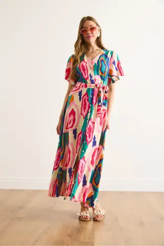 Women's Pink Blue Buttoned Belted Maxi Viscose Shirt Dress ELB-19002382-Pink Blue - 4