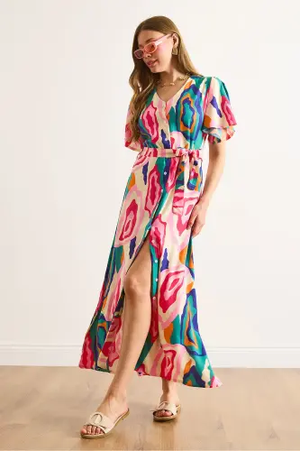 Women's Pink Blue Buttoned Belted Maxi Viscose Shirt Dress ELB-19002382-Pink Blue - 5