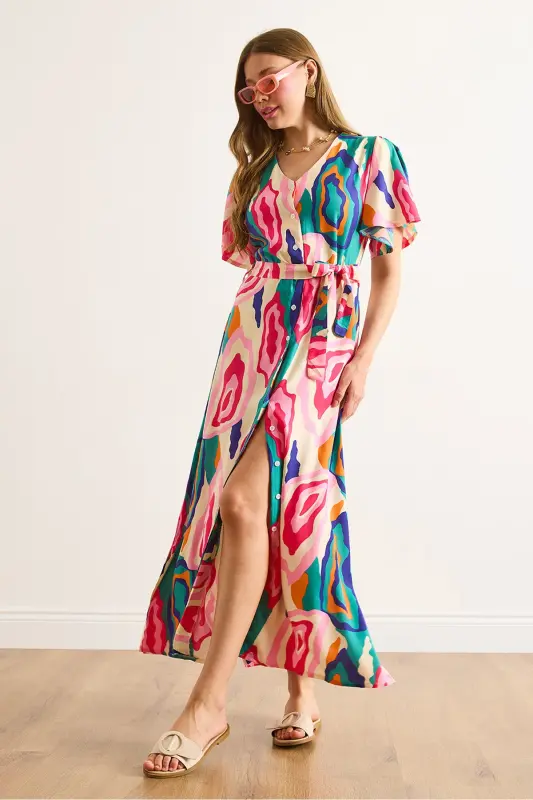 Women's Pink Blue Buttoned Belted Maxi Viscose Shirt Dress ELB-19002382-Pink Blue - 5