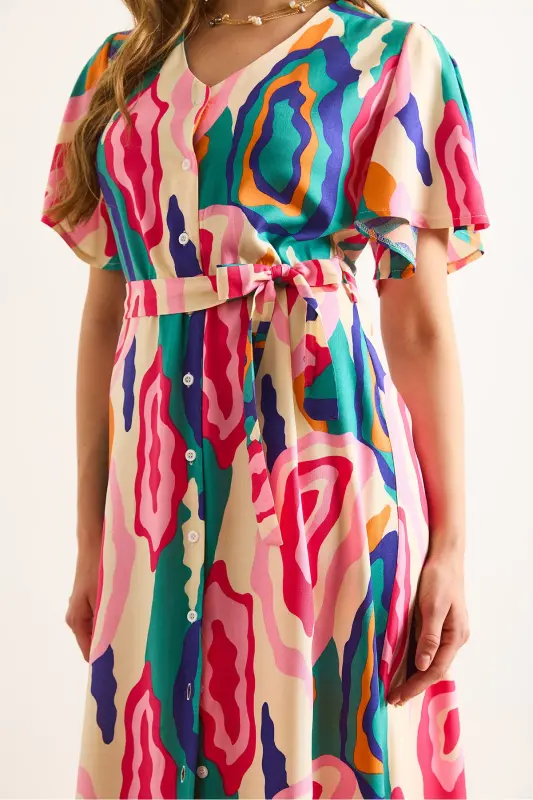 Women's Pink Blue Buttoned Belted Maxi Viscose Shirt Dress ELB-19002382-Pink Blue - 6