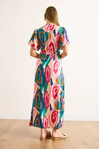 Women's Pink Blue Buttoned Belted Maxi Viscose Shirt Dress ELB-19002382-Pink Blue - 7