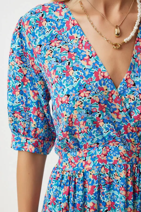 Women's Pink Blue Envelope Neck Floral Summer Viscose Dress RV00128 - 6