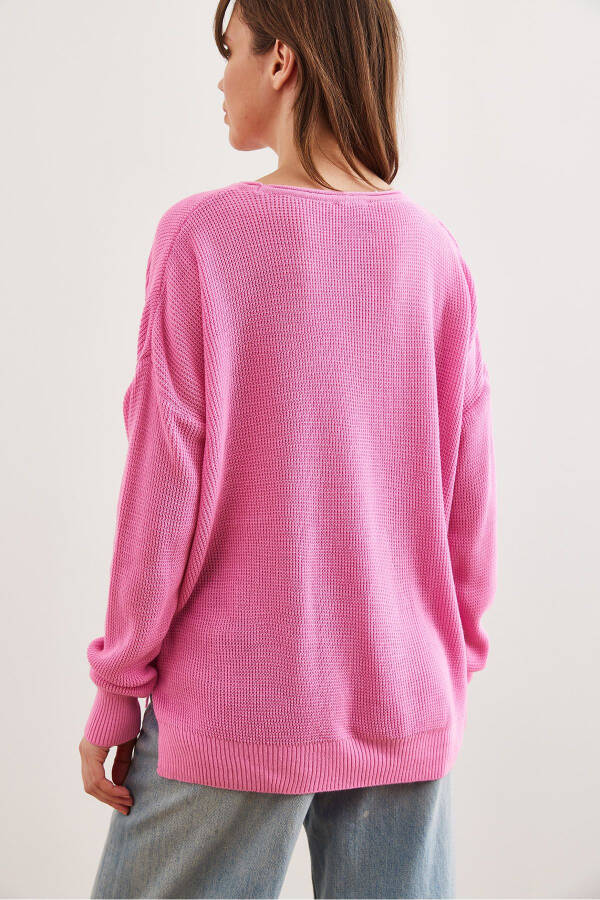 Women's Pink Collar Detail Slit Knit Sweater - 13
