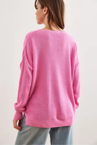 Women's Pink Collar Detail Slit Knit Sweater - 7