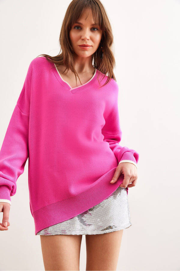 Women's Pink Collar Detailed Striped Chunky Knit Sweater KZK-19000924 - 1