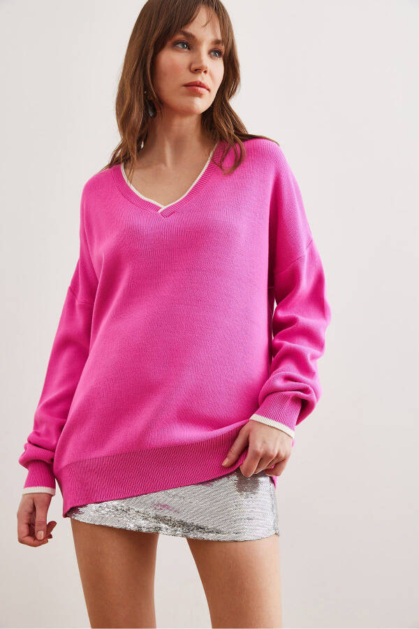 Women's Pink Collar Detailed Striped Chunky Knit Sweater KZK-19000924 - 3
