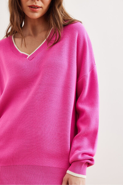 Women's Pink Collar Detailed Striped Chunky Knit Sweater KZK-19000924 - 4