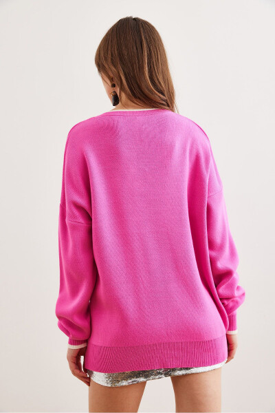 Women's Pink Collar Detailed Striped Chunky Knit Sweater KZK-19000924 - 5