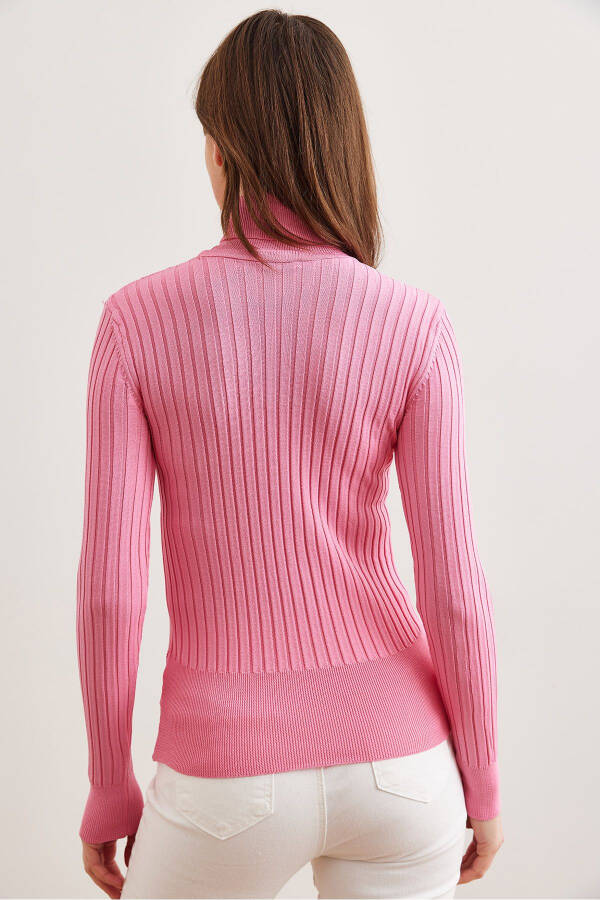 Women's Pink Crewneck Thick Ribbed Knit Sweater KZK-19000872 - 7