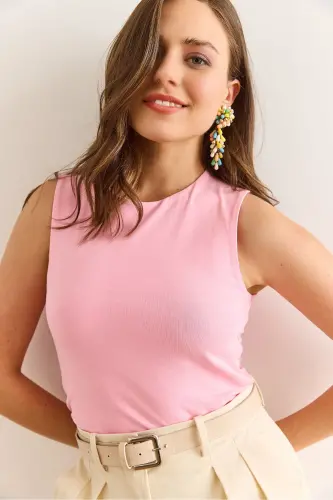 Women's Pink Double Layer Front Sleeveless Lycra Cotton T-shirt 