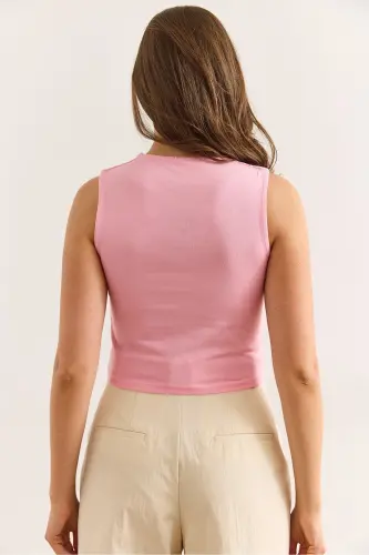 Women's Pink Double Layer Front Sleeveless Lycra Cotton T-shirt - 2