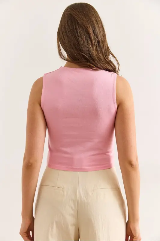 Women's Pink Double Layer Front Sleeveless Lycra Cotton T-shirt - 2