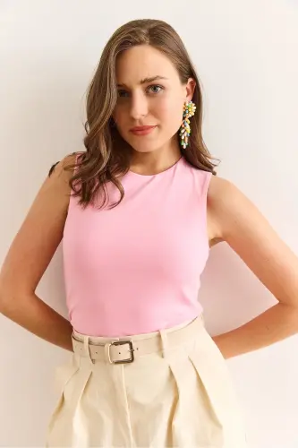 Women's Pink Double Layer Front Sleeveless Lycra Cotton T-shirt - 3