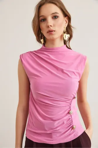 Women's Pink Drape Detailed Buttoned Waist Sandy Blouse - 3