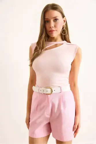 Women's Pink Drop Neckline Shoulder Detail Cotton Modal Blouse BLZ-19002881-Pink - 4