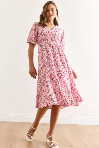 Women's Pink Elastic Waist Crossover Collar Woven Viscose Dress ELB-19002440-Pink - 1