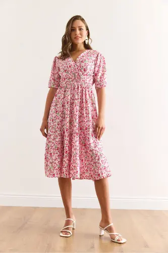 Women's Pink Elastic Waist Crossover Collar Woven Viscose Dress ELB-19002440-Pink - 2