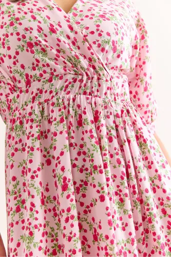 Women's Pink Elastic Waist Crossover Collar Woven Viscose Dress ELB-19002440-Pink - 6