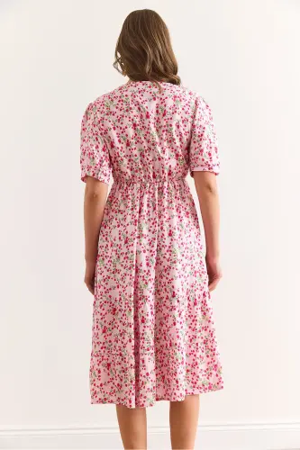 Women's Pink Elastic Waist Crossover Collar Woven Viscose Dress ELB-19002440-Pink - 7