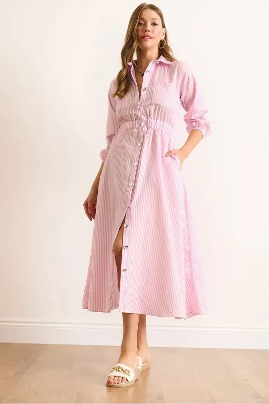 Women's Pink Elastic Waist Pocketed Maxi Shirt Dress ELB-19002398-Pink - OLALOOK