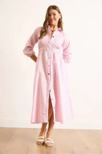 Women's Pink Elastic Waist Pocketed Maxi Shirt Dress ELB-19002398-Pink - 3
