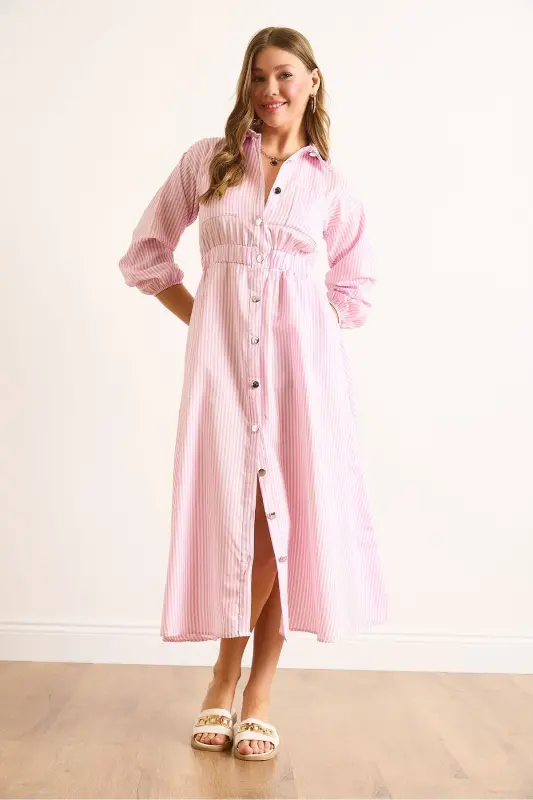 Women's Pink Elastic Waist Pocketed Maxi Shirt Dress ELB-19002398-Pink - 3