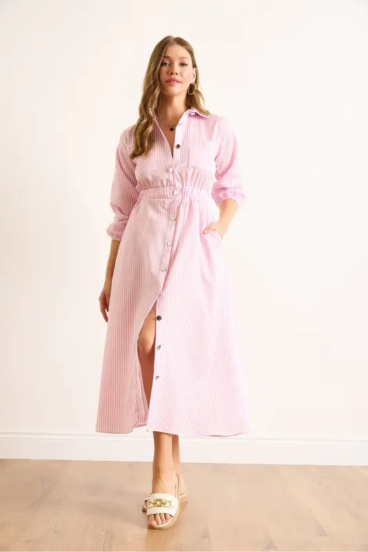 Women's Pink Elastic Waist Pocketed Maxi Shirt Dress ELB-19002398-Pink - 4