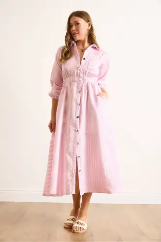 Women's Pink Elastic Waist Pocketed Maxi Shirt Dress ELB-19002398-Pink - 5
