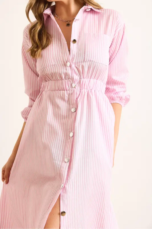 Women's Pink Elastic Waist Pocketed Maxi Shirt Dress ELB-19002398-Pink - 6