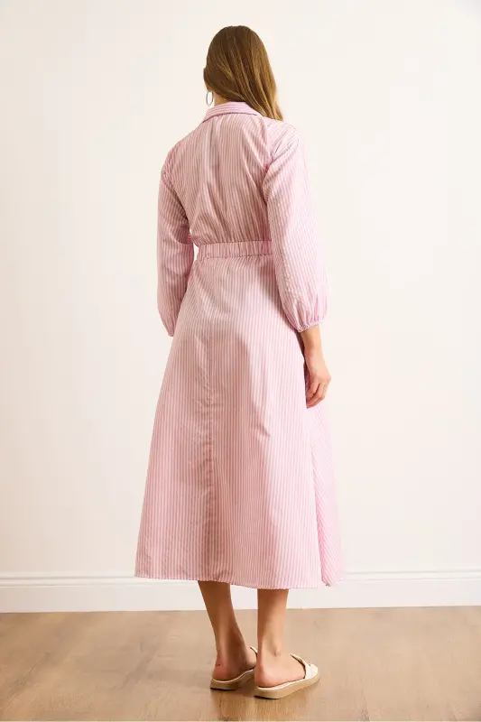 Women's Pink Elastic Waist Pocketed Maxi Shirt Dress ELB-19002398-Pink - 7