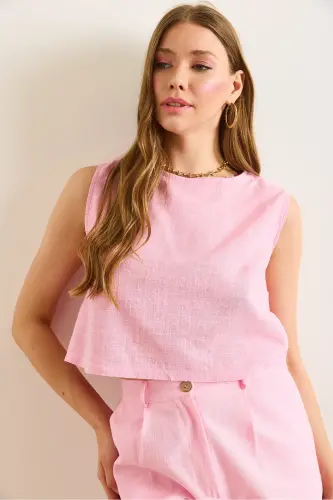 Women's Pink Flam Linen Crop Blouse BLZ-19002925-Pink - 4