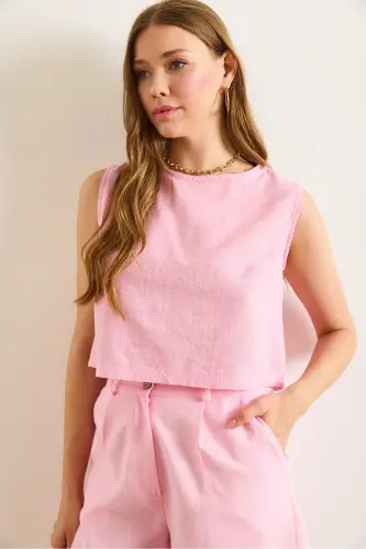 Women's Pink Flam Linen Crop Blouse BLZ-19002925-Pink - 5