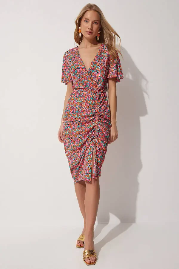 Women's Pink Floral Wrap Summer Dress MC0 - 1