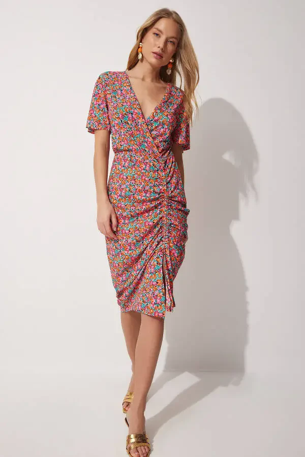 Women's Pink Floral Wrap Summer Dress MC0 - 2