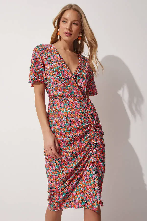 Women's Pink Floral Wrap Summer Dress MC0 - 5