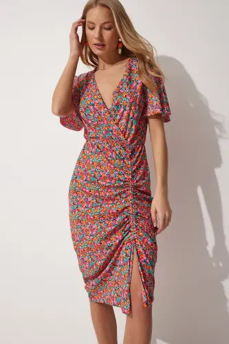 Women's Pink Floral Wrap Summer Dress MC0 - 4