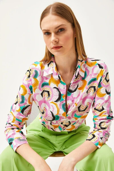 Women's Pink Geometric Patterned Woven Shirt GML-19001174 - 3