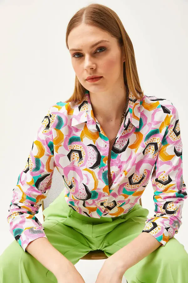 Women's Pink Geometric Patterned Woven Shirt GML-19001174 - 3