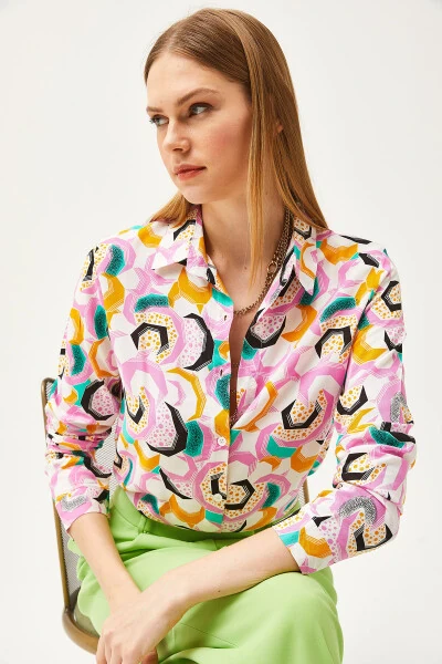 Women's Pink Geometric Patterned Woven Shirt GML-19001174 - 4