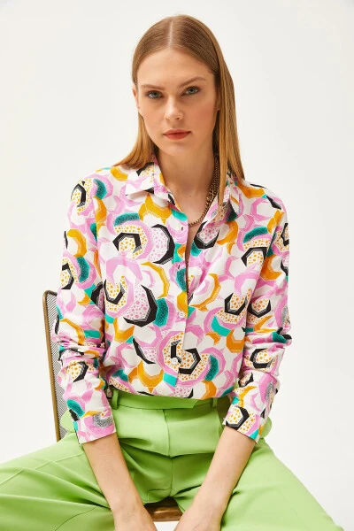 Women's Pink Geometric Patterned Woven Shirt GML-19001174 - 5