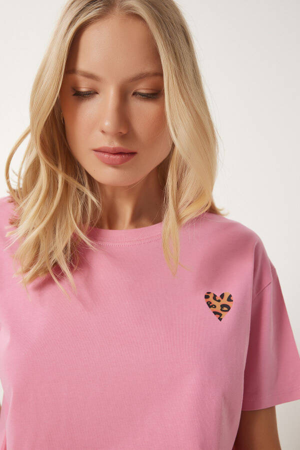 Women's Pink Heart Print Cotton Short Knit T-Shirt AN00224 - 1