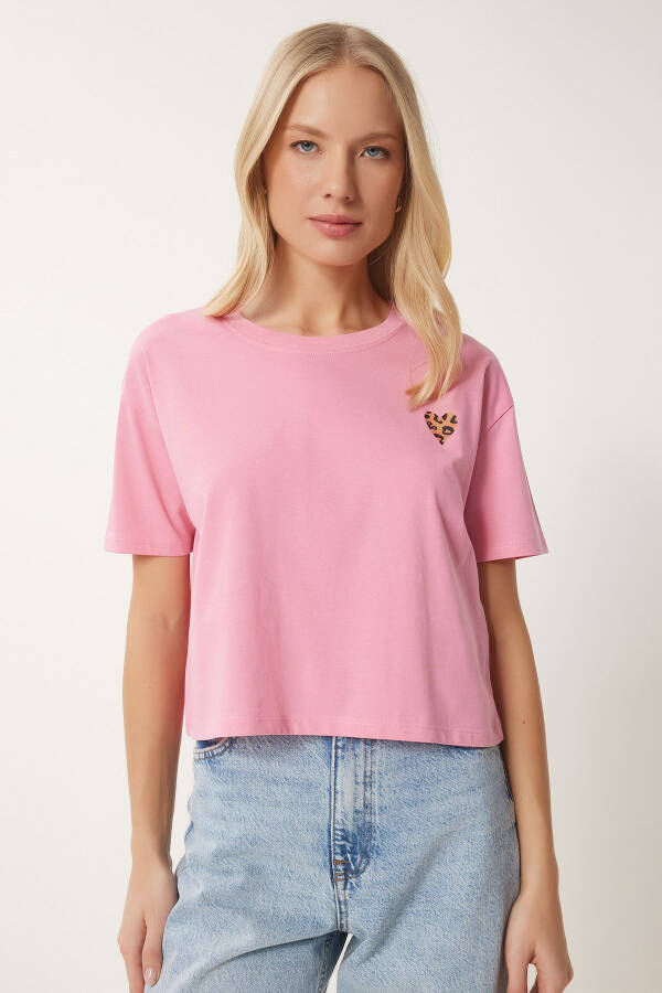 Women's Pink Heart Print Cotton Short Knit T-Shirt AN00224 - 2
