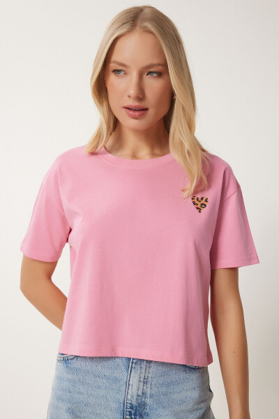 Women's Pink Heart Print Cotton Short Knit T-Shirt AN00224 - 3