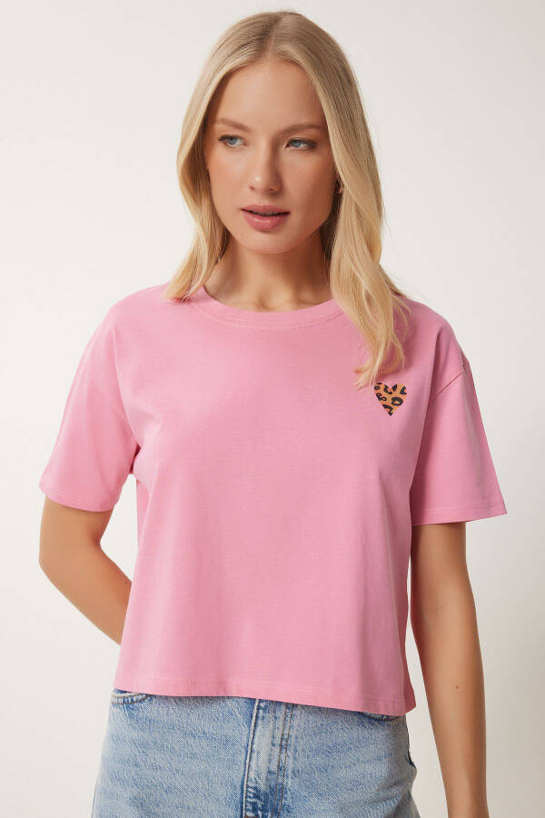 Women's Pink Heart Print Cotton Short Knit T-Shirt AN00224 - 3