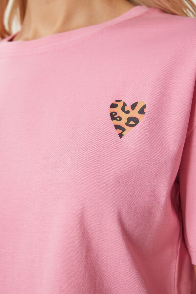 Women's Pink Heart Print Cotton Short Knit T-Shirt AN00224 - 4