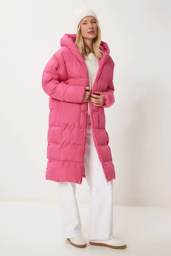 Women's Pink Hooded Oversized Long Puffer Jacket NT - 1