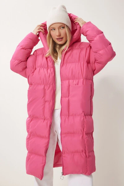 Women's Pink Hooded Oversized Long Puffer Jacket NT - 3