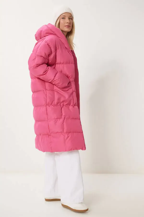 Women's Pink Hooded Oversized Long Puffer Jacket NT - 4
